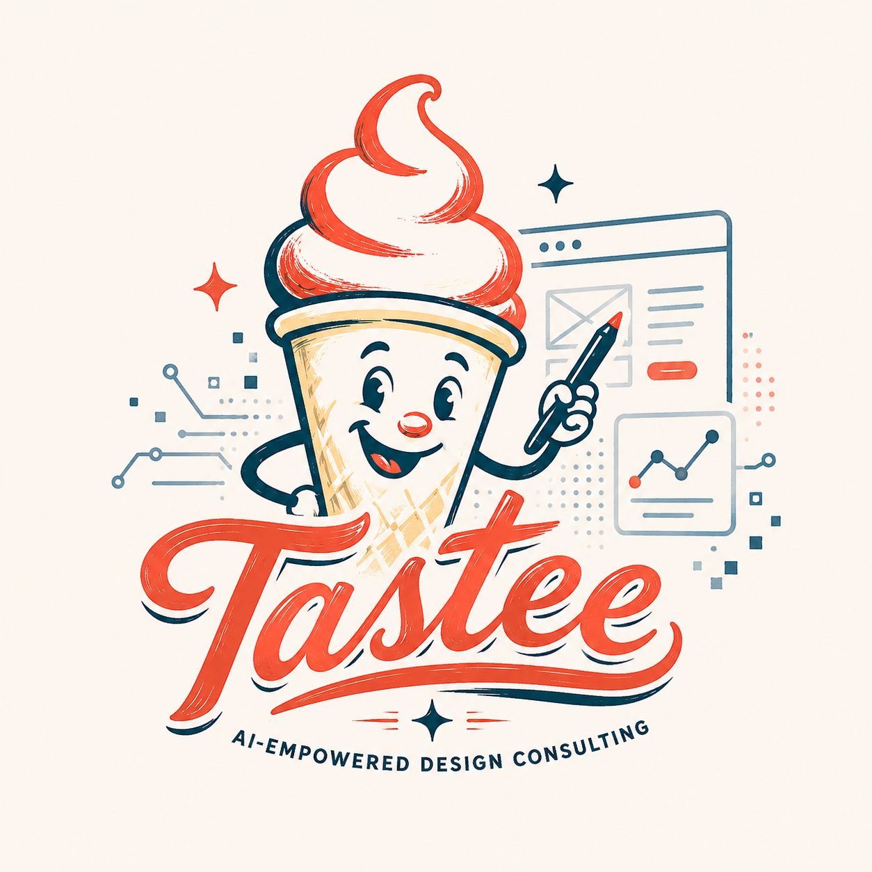 Tastee — a smiling soft-serve ice cream cone mascot sketching wireframes, above hand-lettered script reading Tastee, AI-empowered design consulting